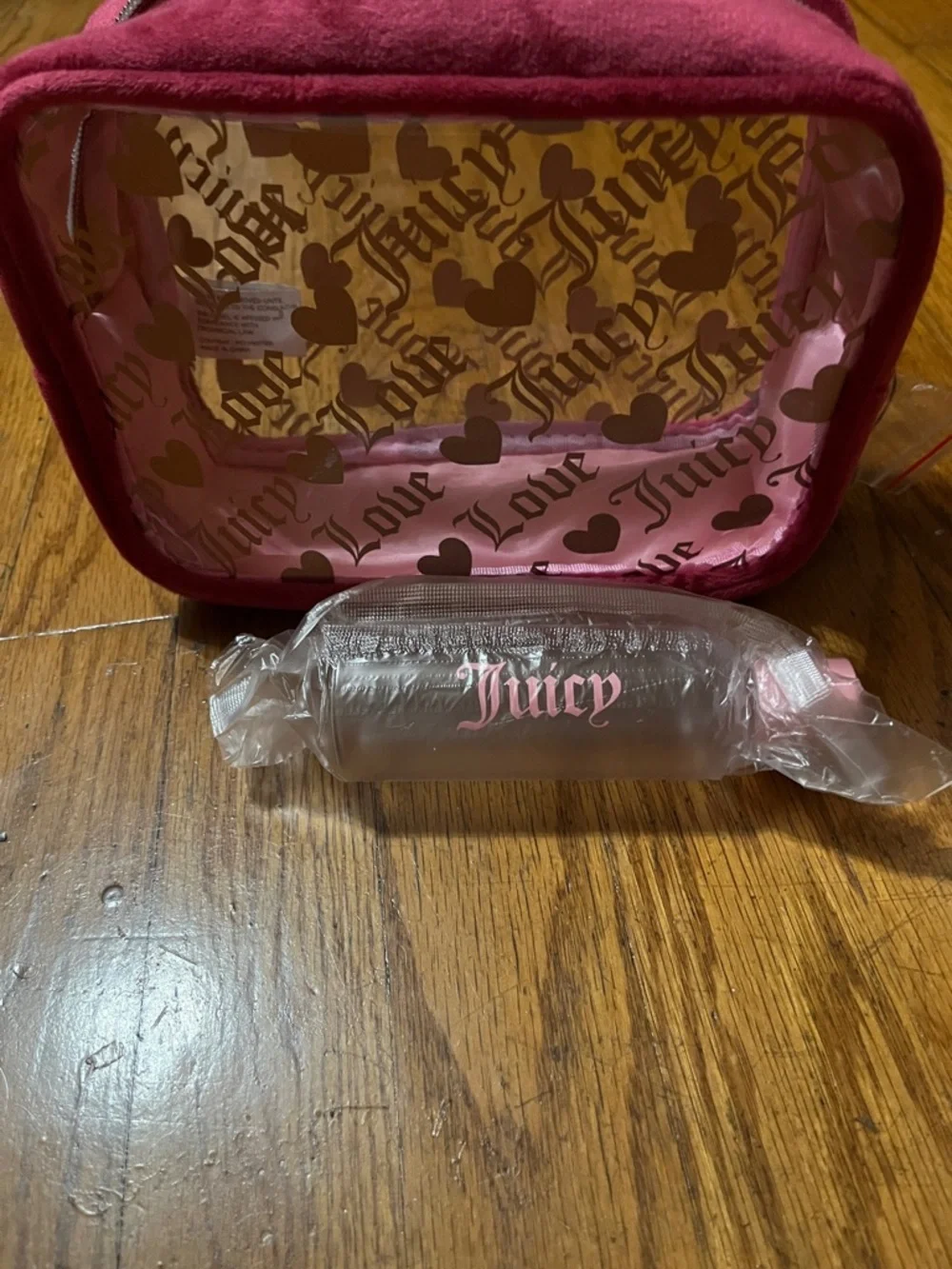 NWT Juicy Couture Clear Cosmetic Bag with Velvet Trim and Juicy Travel Bottle